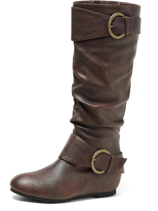 Shoes - Women's Brown Faux Leather High Low Hidden Wedge Side Zipper Knee High Boots